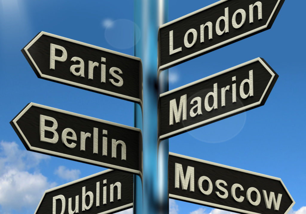 London Paris Madrid Berlin Signpost Shows Europe Travel Tourism And Destinations